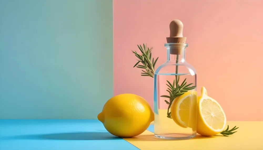 A Clear Glass Dropper Bottle Filled With Liquid Placed On A Colorful Background With Pastel Blue And Pink Sections Next To The Bottle There Is A Whole Lemon And A Sliced Lemon Along With A Sprig Of Rosemary The Arra 9 0276