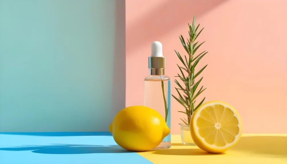 A Clear Glass Dropper Bottle Filled With Liquid Placed On A Colorful Background With Pastel Blue And Pink Sections Next To The Bottle There Is A Whole Lemon And A Sliced Lemon Along With A Sprig Of Rosemary The Arrang 1 4131