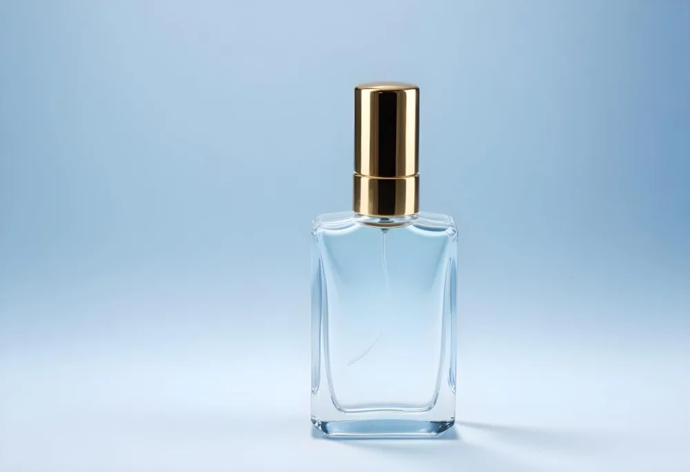 A Clear Glass Perfume Bottle With A Gold Cap The Background Is A Soft Gradient Of Light Blue And White 17 B7ae