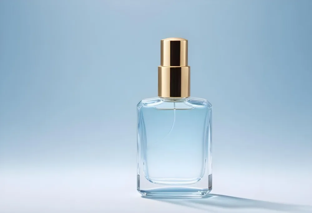A Clear Glass Perfume Bottle With A Gold Cap The Background Is A Soft Gradient Of Light Blue And White 21 5693