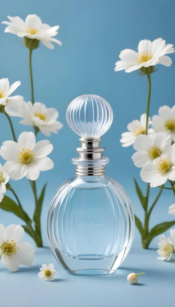 A Clear Glass Perfume Bottle With A Round Stopper Surrounded By Delicate White Flowers On A Soft Blue Background The Bottle Has A Ribbed Design And Reflects Light Creating A Serene And Elegant Appearance 12 Ce68