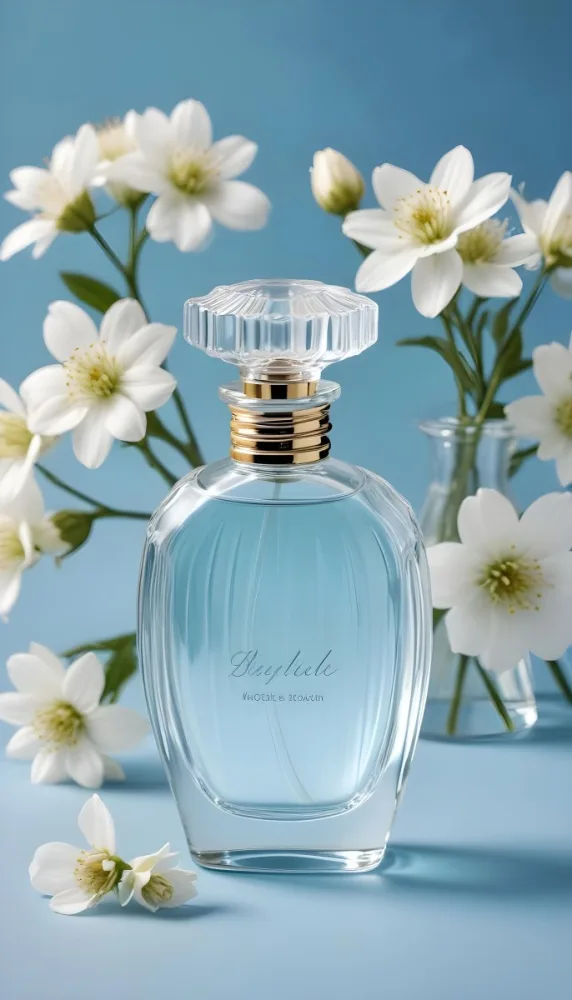 A Clear Glass Perfume Bottle With A Round Stopper Surrounded By Delicate White Flowers On A Soft Blue Background The Bottle Has A Ribbed Design And Reflects Light Creating A Serene And Elegant Appearance 24 5b21