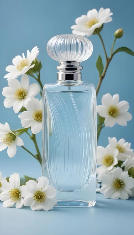 A Clear Glass Perfume Bottle With A Round Stopper Surrounded By Delicate White Flowers On A Soft Blue Background The Bottle Has A Ribbed Design And Reflects Light Creating A Serene And Elegant Appearance 5 F2f7