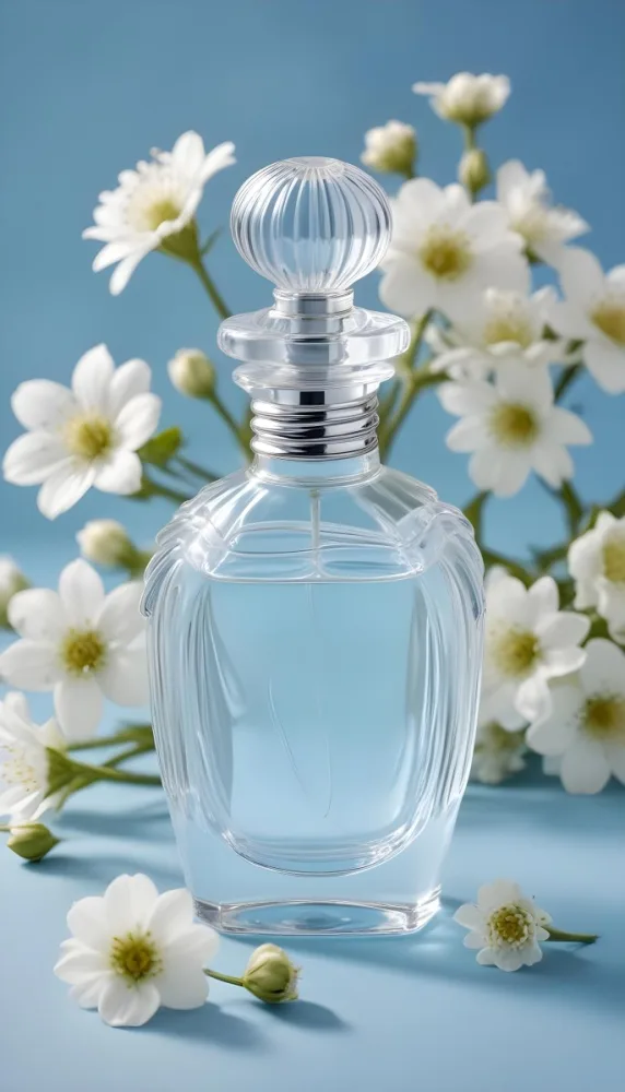 A Clear Glass Perfume Bottle With A Round Stopper Surrounded By Delicate White Flowers On A Soft Blue Background The Bottle Has A Ribbed Design And Reflects Light Creating A Serene And Elegant Appearance 7 3d14