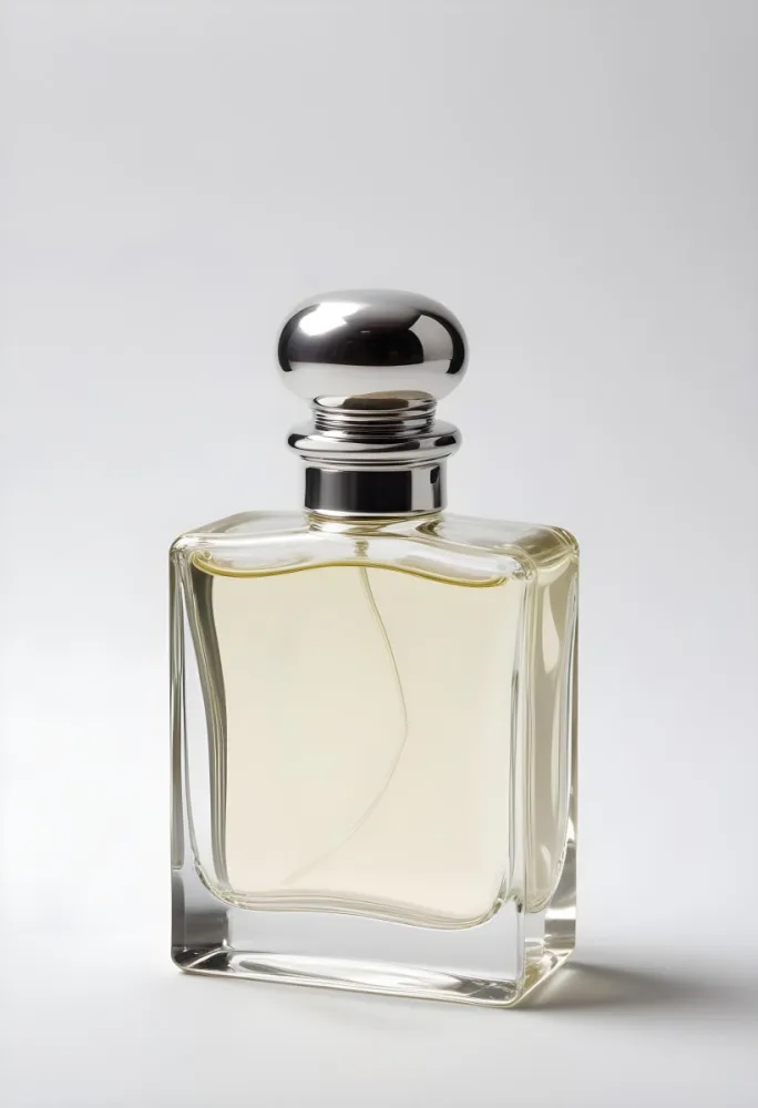 A Clear Glass Perfume Bottle With A Silver Cap Filled With A Small Amount Of Clear Liquid On A White Background 11 341e