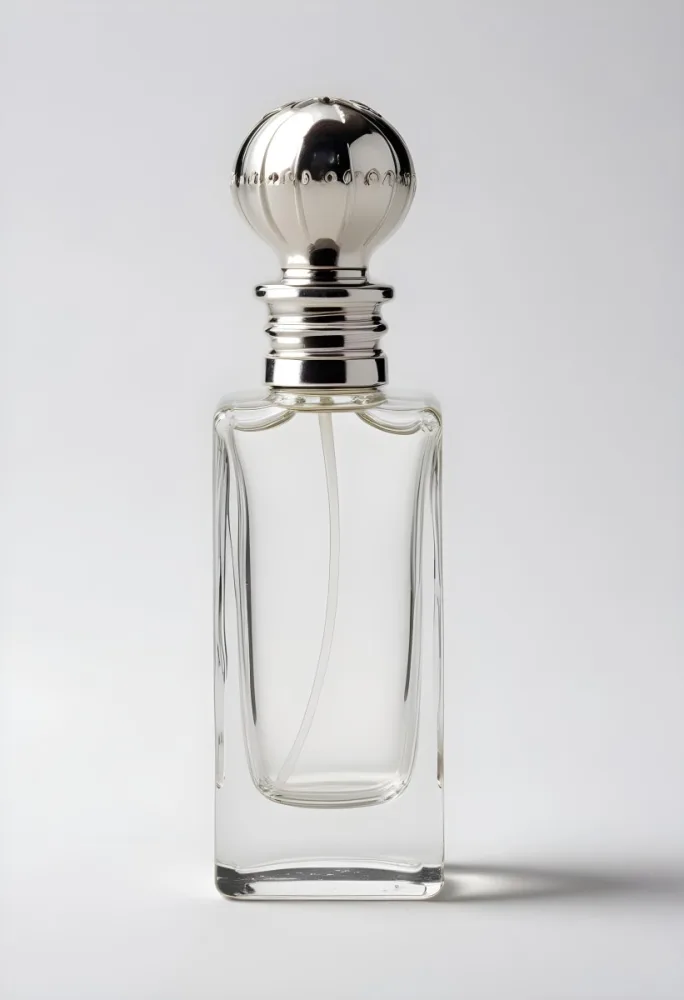 A Clear Glass Perfume Bottle With A Silver Cap Filled With A Small Amount Of Clear Liquid On A White Background 27 9e15