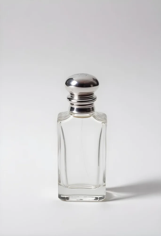 A Clear Glass Perfume Bottle With A Silver Cap Filled With A Small Amount Of Clear Liquid On A White Background 31 33a6