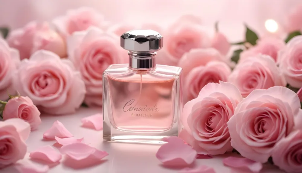 A Clear Glass Perfume Bottle With A Silver Cap Surrounded By Pink Roses The Background Is Filled With Soft Blurred Pink Petals Creating A Romantic And Floral Atmosphere Light Reflects Off The Bottle Enhancing Its 9 Efa9