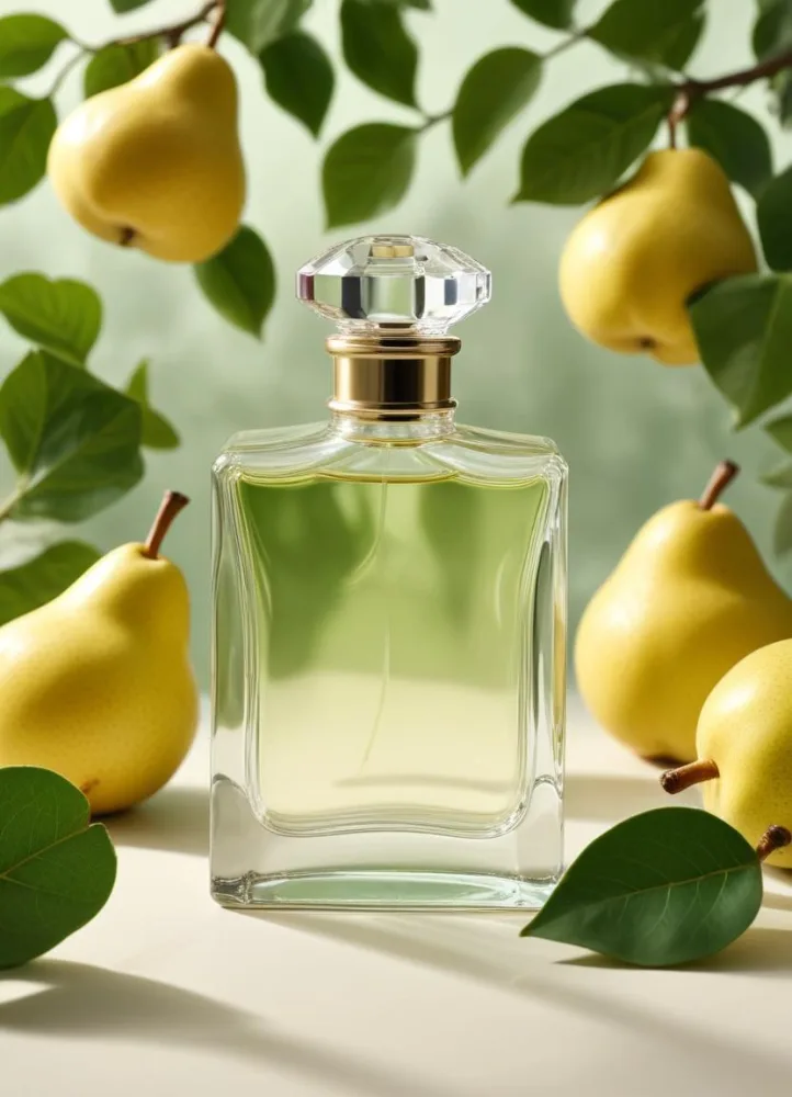 A Clear Glass Perfume Bottle With A Square Cap Placed Among Green Leaves And Yellow Pears The Background Features Soft Natural Lighting Highlighting The Bottle And The Surrounding Fruits 24 654f