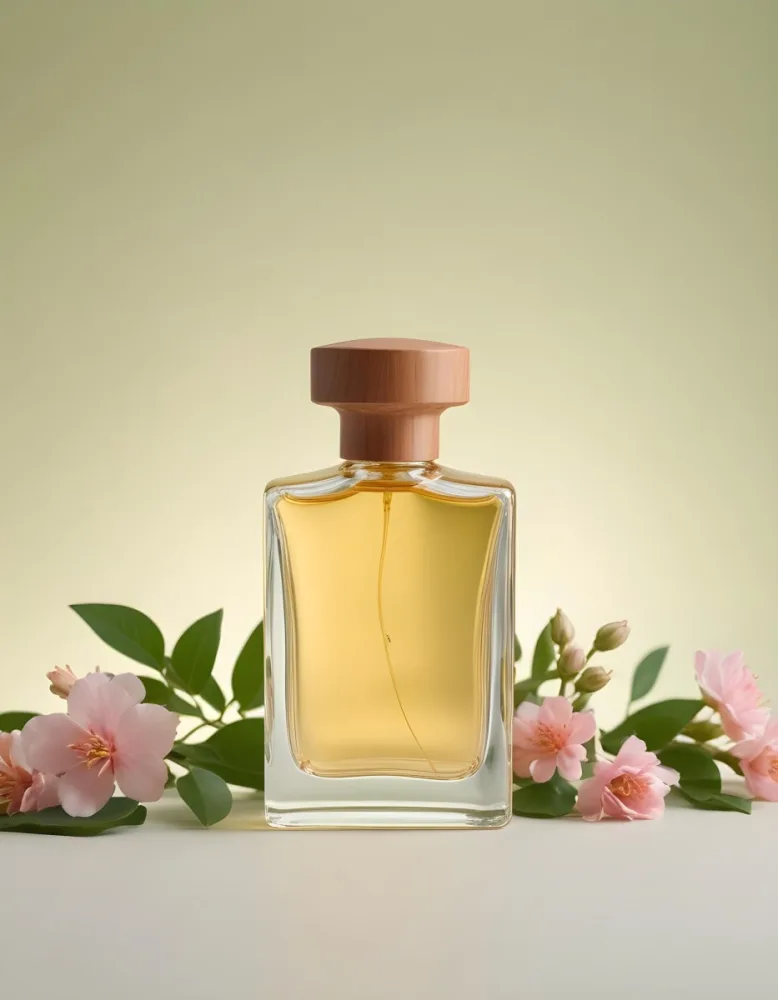 A Clear Glass Perfume Bottle With A Wooden Cap Filled With A Light Amber Liquid The Bottle Is Rectangular With Smooth Edges Next To The Bottle There Are Small Pale Pink Flowers And Green Leaves Set Against A Soft 13 C7d2