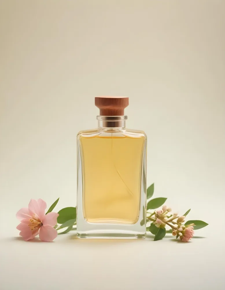 A Clear Glass Perfume Bottle With A Wooden Cap Filled With A Light Amber Liquid The Bottle Is Rectangular With Smooth Edges Next To The Bottle There Are Small Pale Pink Flowers And Green Leaves Set Against A Soft 18 F8dd