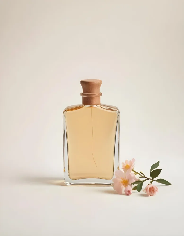 A Clear Glass Perfume Bottle With A Wooden Cap Filled With A Light Amber Liquid The Bottle Is Rectangular With Smooth Edges Next To The Bottle There Are Small Pale Pink Flowers And Green Leaves Set Against A Soft 28 886d
