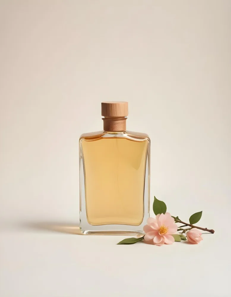 A Clear Glass Perfume Bottle With A Wooden Cap Filled With A Light Amber Liquid The Bottle Is Rectangular With Smooth Edges Next To The Bottle There Are Small Pale Pink Flowers And Green Leaves Set Against A Soft 33 68c1