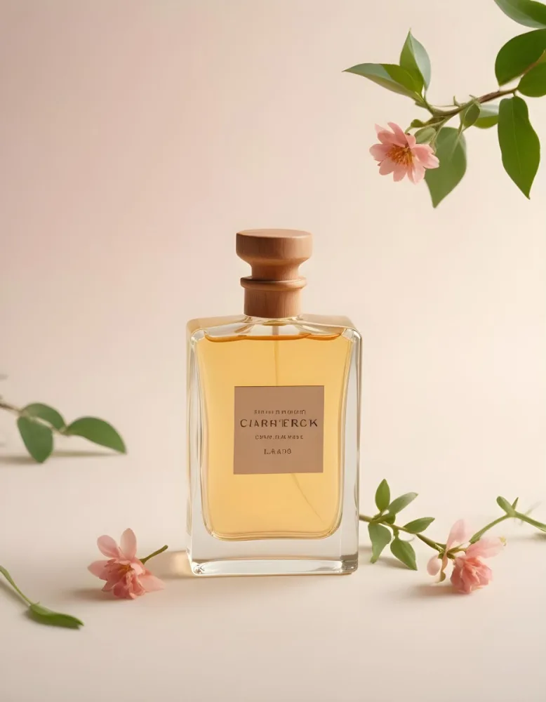 A Clear Glass Perfume Bottle With A Wooden Cap Filled With A Light Amber Liquid The Bottle Is Rectangular With Smooth Edges Next To The Bottle There Are Small Pale Pink Flowers And Green Leaves Set Against A Soft 9 Ba03