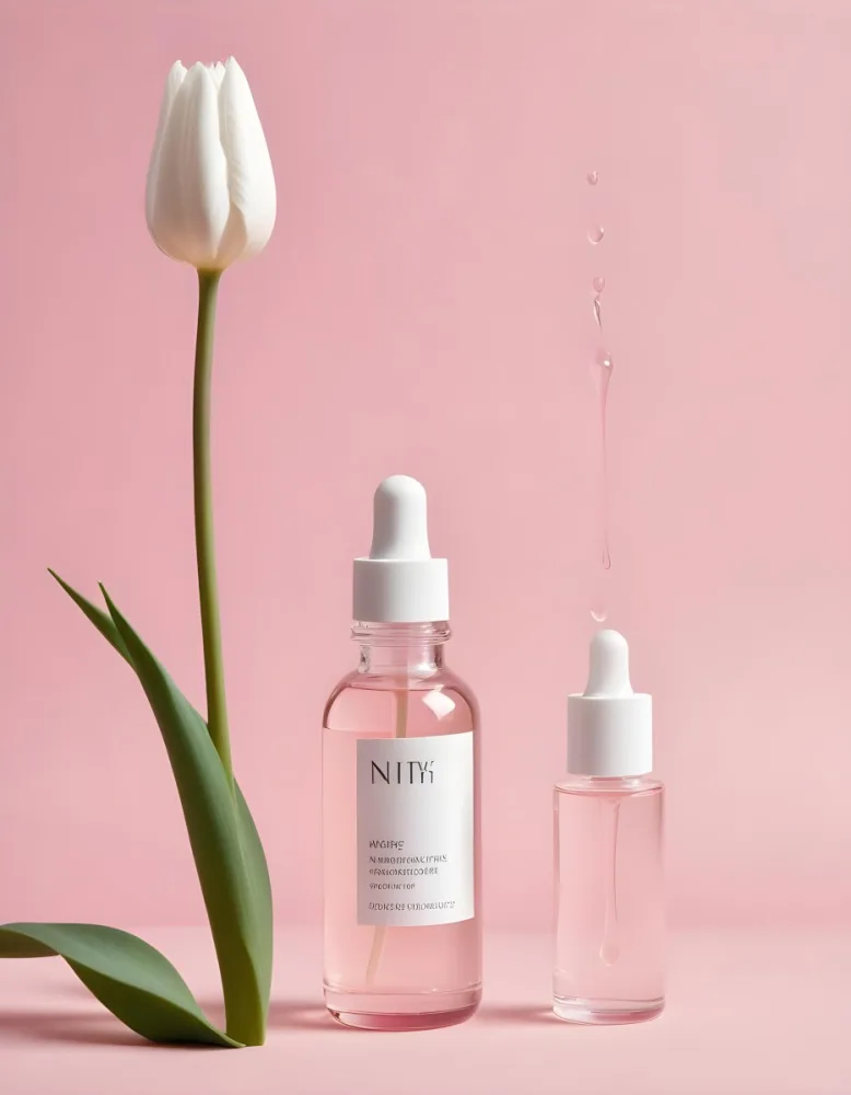 A Clear Serum Bottle With A Dropper A White Arch And A White Tulip Against A Pink Background Showcasing Beauty And Skincare Products 28 71b7
