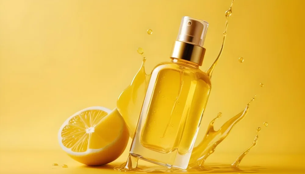 A Close Up Image Of A Glass Bottle Filled With A Golden Colored Liquid Likely A Facial Oil Or Serum The Background Is A Vibrant Yellow Color With Water Droplets And Slices Of Lemon Creating A Refreshing And Na 6 D31f