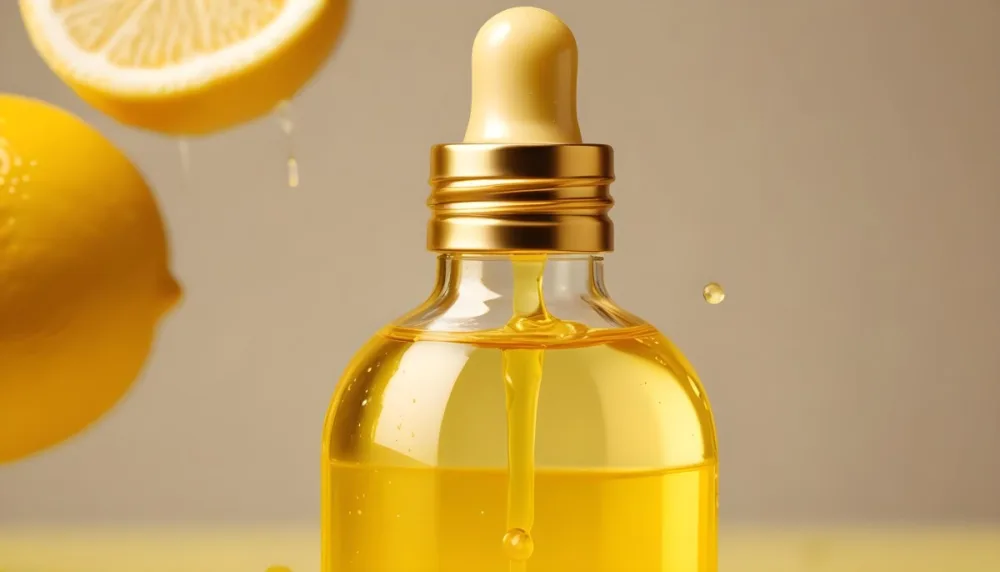 A Close Up Image Of A Glass Bottle Filled With A Golden Colored Liquid Likely A Facial Oil Or Serum The Background Is A Vibrant Yellow Color With Water Droplets And Slices Of Lemon Creating A Refreshing And Na 7 D1b7