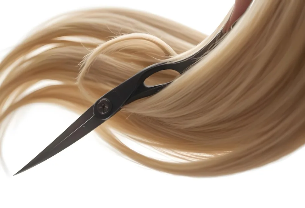 A Close Up Image Of A Pair Of Scissors Cutting Through Blonde Hair With Natural Light Against A Background Of A Salon 5 02f0