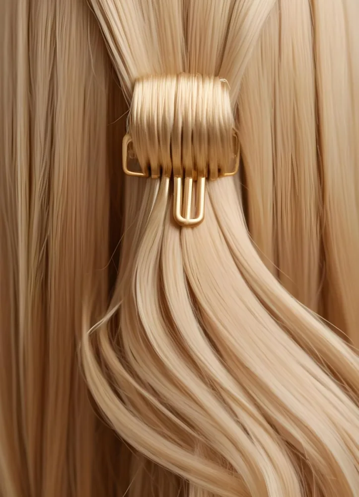 A Close Up Image Of Long Straight Blonde Hair With A Golden Hair Accessory Or Ring 10 0ad3