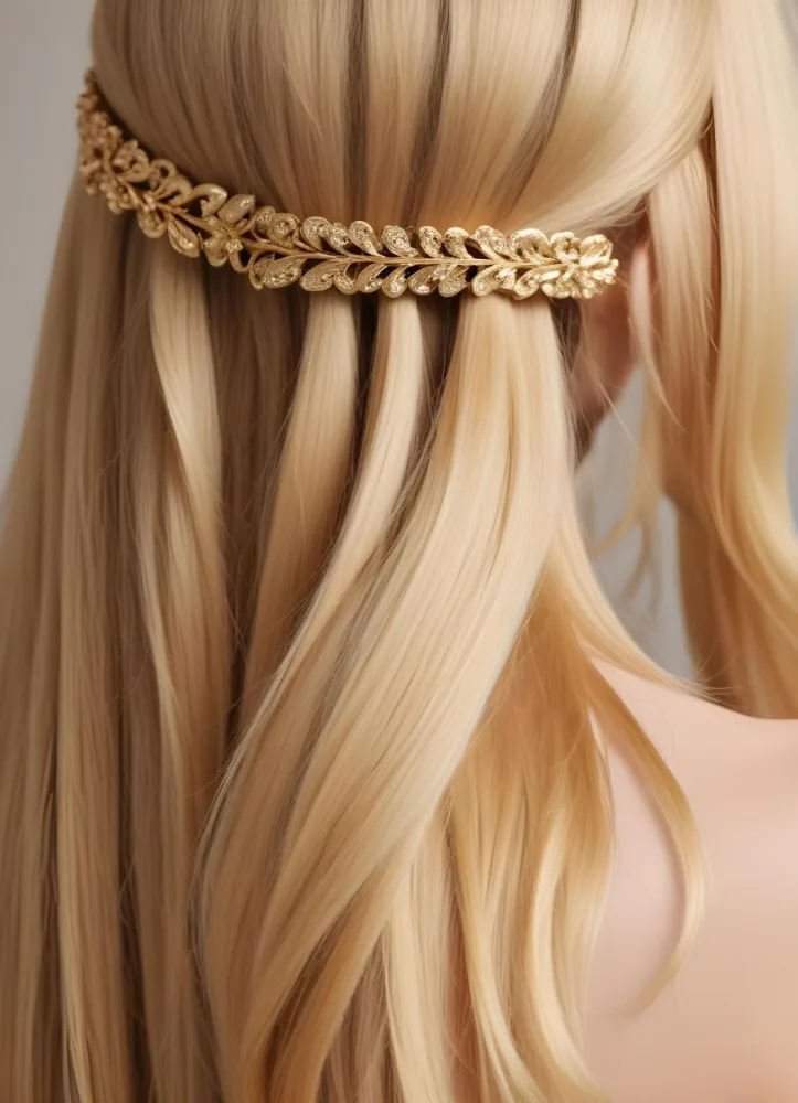 A Close Up Image Of Long Straight Blonde Hair With A Golden Hair Accessory Or Ring 6 Aab1