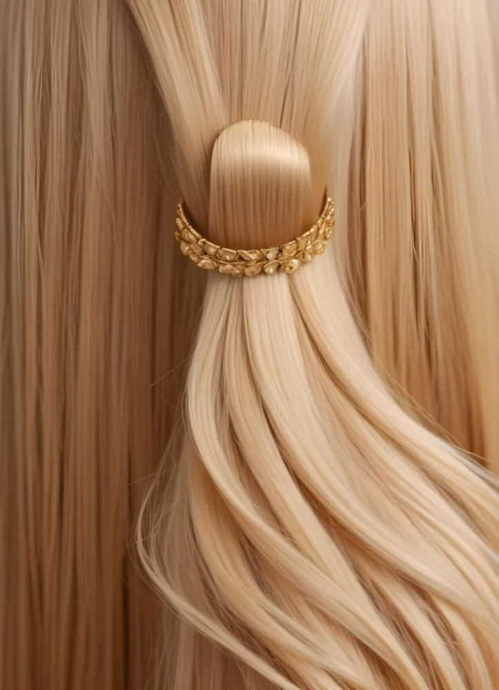 A Close Up Image Of Long Straight Blonde Hair With A Golden Hair Accessory Or Ring 7 65e3