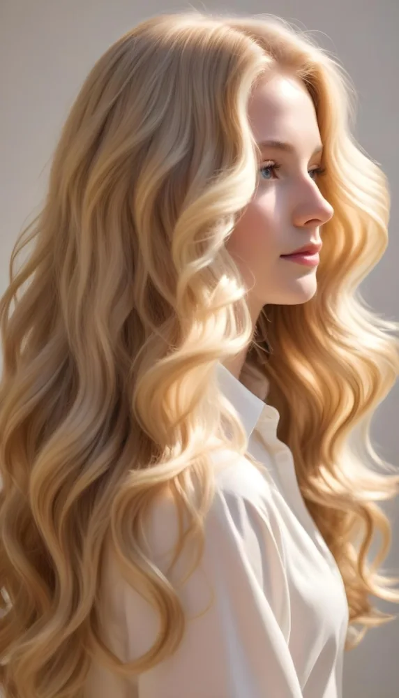 A Close Up Image Of Long Wavy Blonde Hair With Soft Sunlight Illuminating The Hair Against A Plain Background 1 Eaea