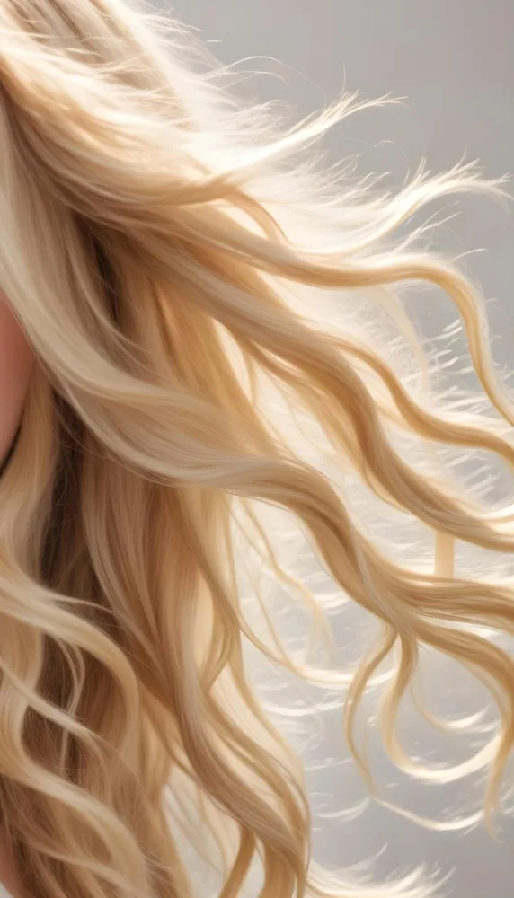 A Close Up Image Of Long Wavy Blonde Hair With Soft Sunlight Illuminating The Hair Against A Plain Background 6 Fd88