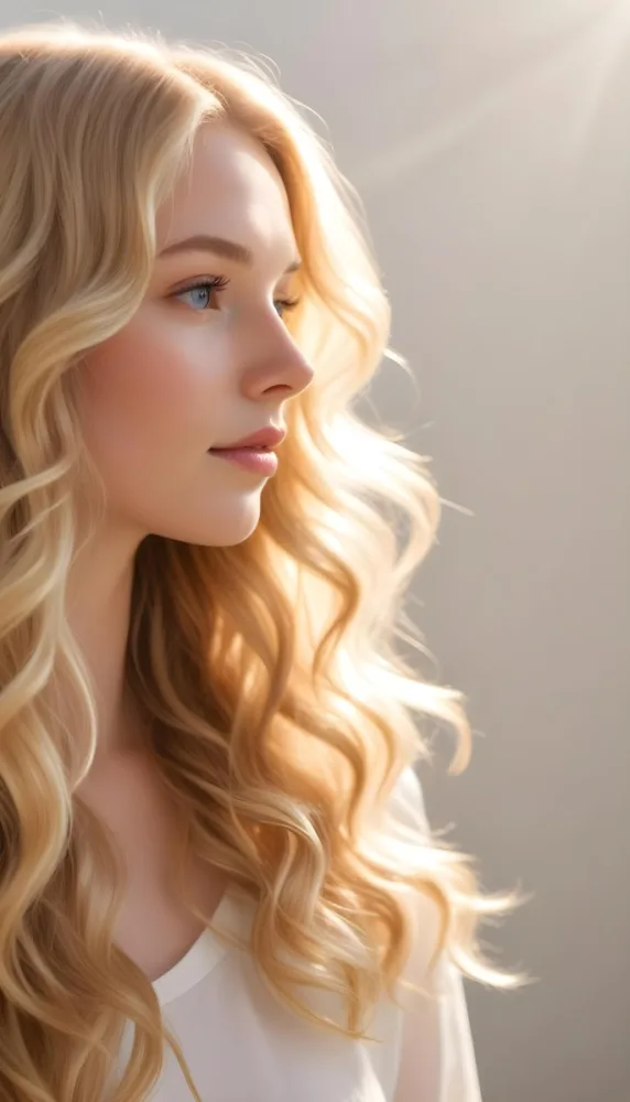 A Close Up Image Of Long Wavy Blonde Hair With Soft Sunlight Illuminating The Hair Against A Plain Background 7 4ad3