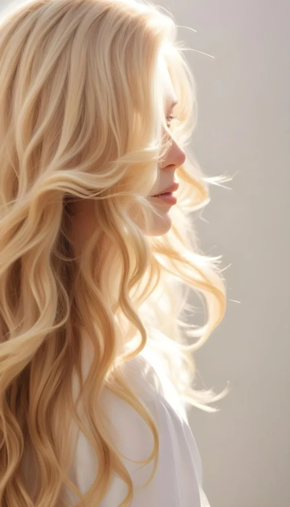 A Close Up Image Of Long Wavy Blonde Hair With Soft Sunlight Illuminating The Hair Against A Plain Background 8 75f2