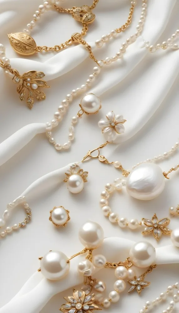 A Close Up Image Of Various Pearl And Gold Jewelry Pieces Including Necklaces Earrings And Brooches Arranged On A White Fabric Background 14 B0b5