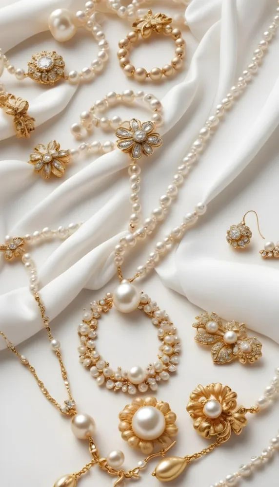 A Close Up Image Of Various Pearl And Gold Jewelry Pieces Including Necklaces Earrings And Brooches Arranged On A White Fabric Background 4 Fbda