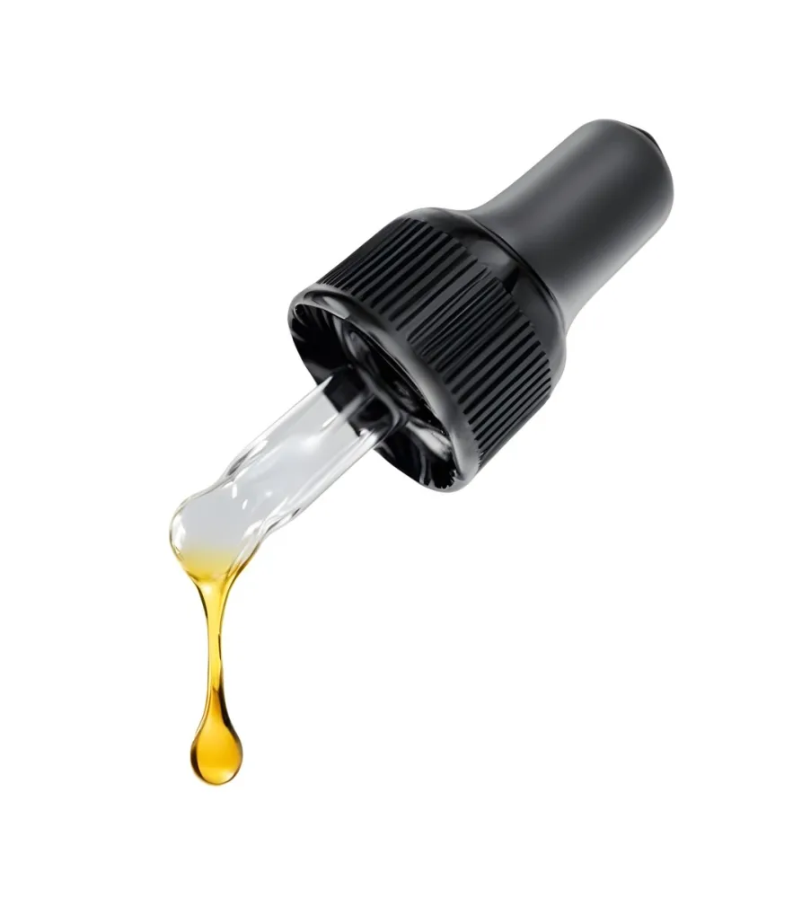 A Close Up Of A Black And Transparent Glass Dropper With A Golden Liquid Drop Falling Isolated On A Black Background Showcasing The Texture And Color 17 067b