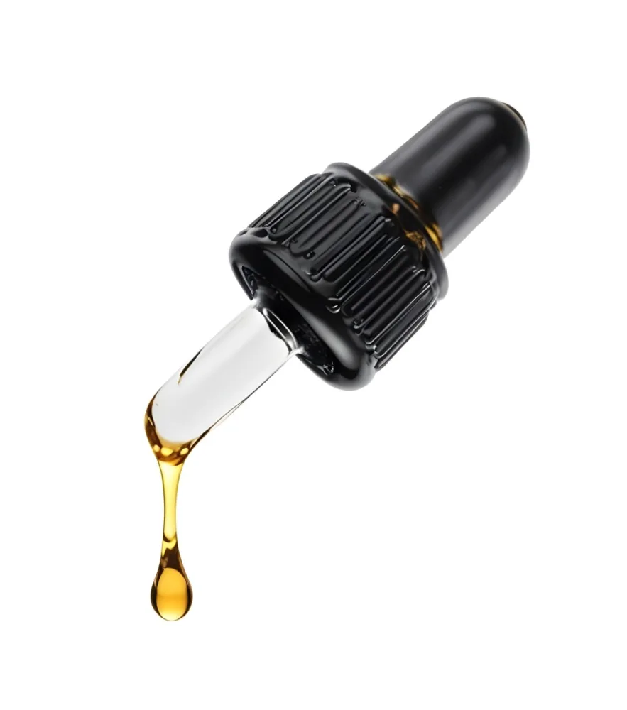 A Close Up Of A Black And Transparent Glass Dropper With A Golden Liquid Drop Falling Isolated On A Black Background Showcasing The Texture And Color 26 E022