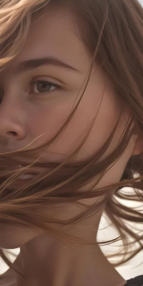 A Close Up Of A Person S Face Partially Obscured By Long Flowing Brown Hair In Daylight With A Background Of Soft Clouds 11 9287