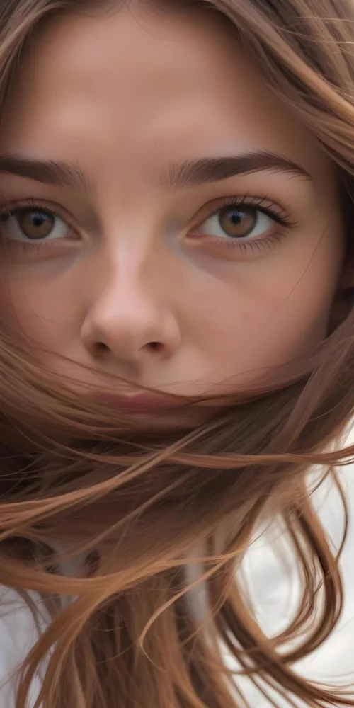 A Close Up Of A Person S Face Partially Obscured By Long Flowing Brown Hair In Daylight With A Background Of Soft Clouds 3 58da