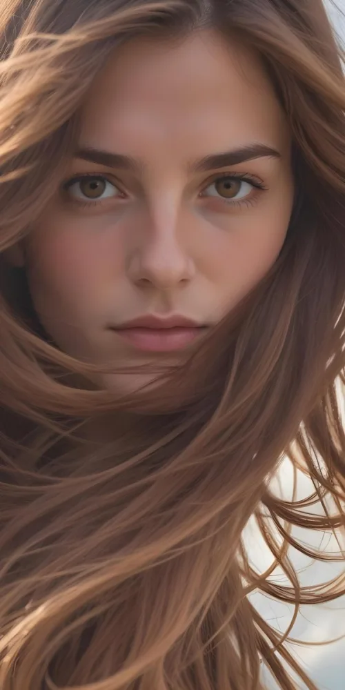 A Close Up Of A Person S Face Partially Obscured By Long Flowing Brown Hair In Daylight With A Background Of Soft Clouds 4 C132