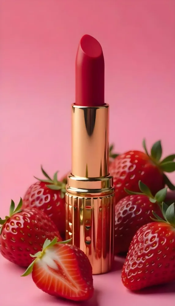 A Close Up Of A Red Lipstick With Fresh Strawberries In The Background On A Pink Background 13 E7f0