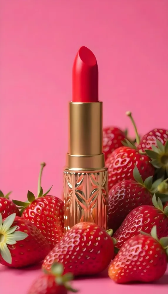 A Close Up Of A Red Lipstick With Fresh Strawberries In The Background On A Pink Background 16 2b6b