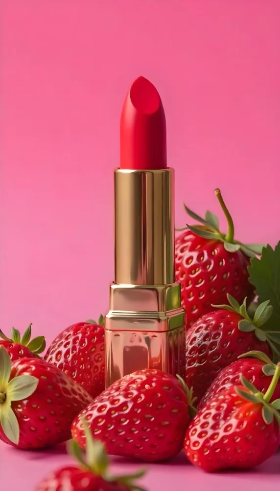 A Close Up Of A Red Lipstick With Fresh Strawberries In The Background On A Pink Background 19 Aee0