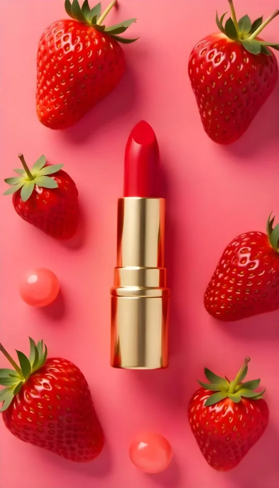 A Close Up Of A Red Lipstick With Fresh Strawberries In The Background On A Pink Background 2 9490