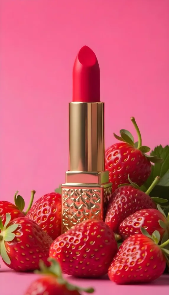 A Close Up Of A Red Lipstick With Fresh Strawberries In The Background On A Pink Background 21 0bd8