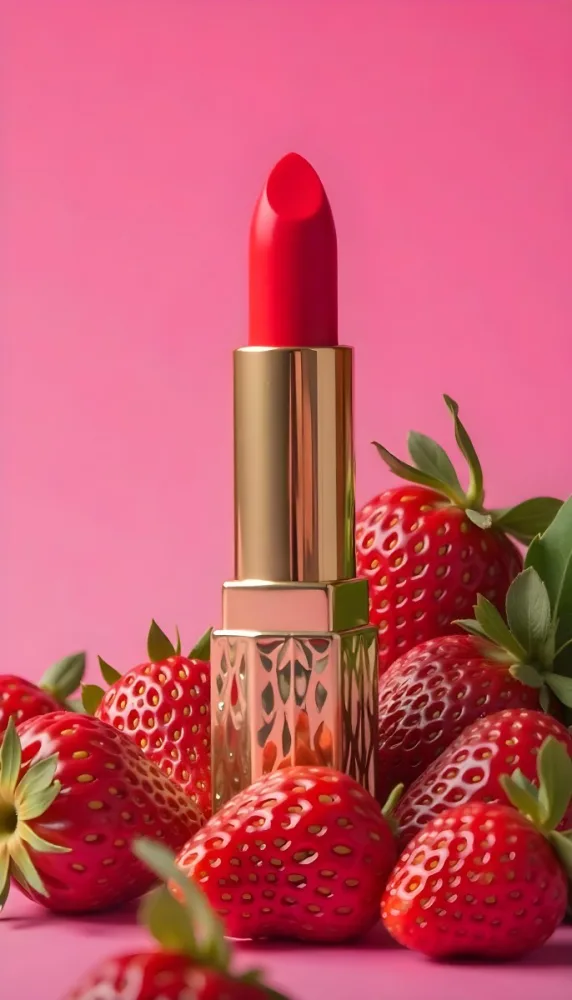 A Close Up Of A Red Lipstick With Fresh Strawberries In The Background On A Pink Background 23 1a35