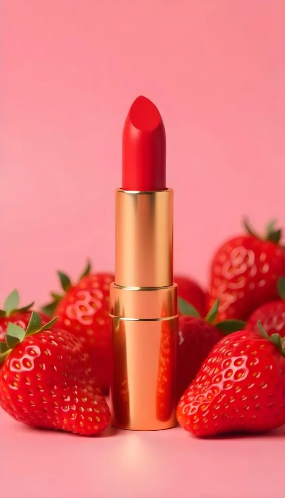 A Close Up Of A Red Lipstick With Fresh Strawberries In The Background On A Pink Background 4 Bc26