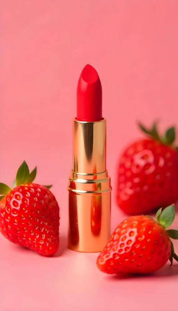 A Close Up Of A Red Lipstick With Fresh Strawberries In The Background On A Pink Background 5 A6d0