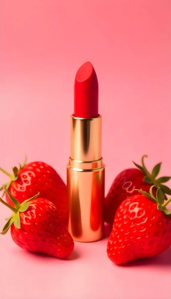 A Close Up Of A Red Lipstick With Fresh Strawberries In The Background On A Pink Background 6 9ef0