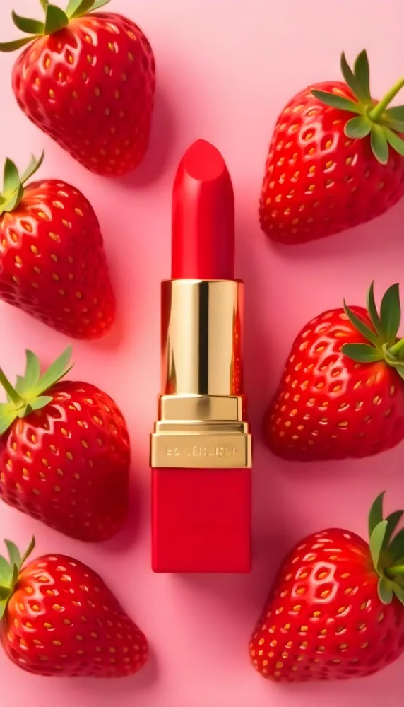 A Close Up Of A Red Lipstick With Fresh Strawberries In The Background On A Pink Background 7 D3a2