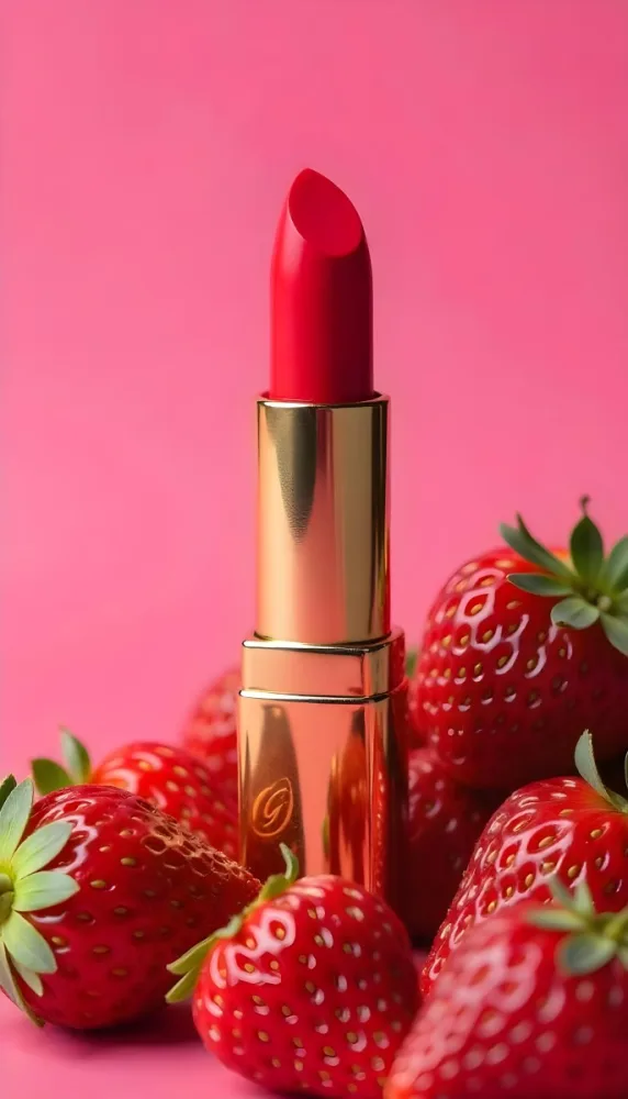 A Close Up Of A Red Lipstick With Fresh Strawberries In The Background On A Pink Background 9 Ac52
