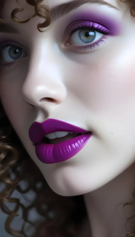A Close Up Of A White Woman Age 25 With Curly Hair Wearing Purple Lipstick In A Grey Background 1 C830