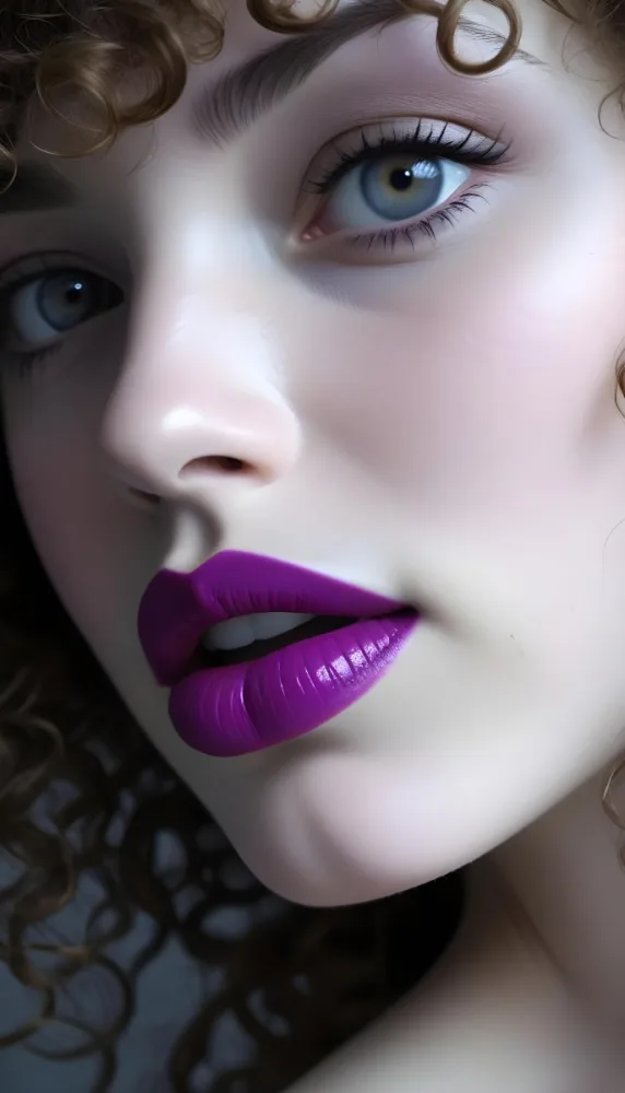 A Close Up Of A White Woman Age 25 With Curly Hair Wearing Purple Lipstick In A Grey Background 27 B8cc