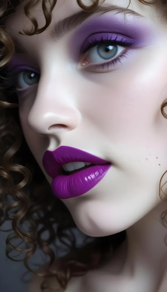 A Close Up Of A White Woman Age 25 With Curly Hair Wearing Purple Lipstick In A Grey Background 30 F38e
